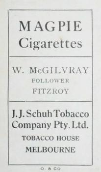 1921 J.J.Schuh Magpie Cigarettes Victorian League Footballers #NNO Bill McGilvray Back